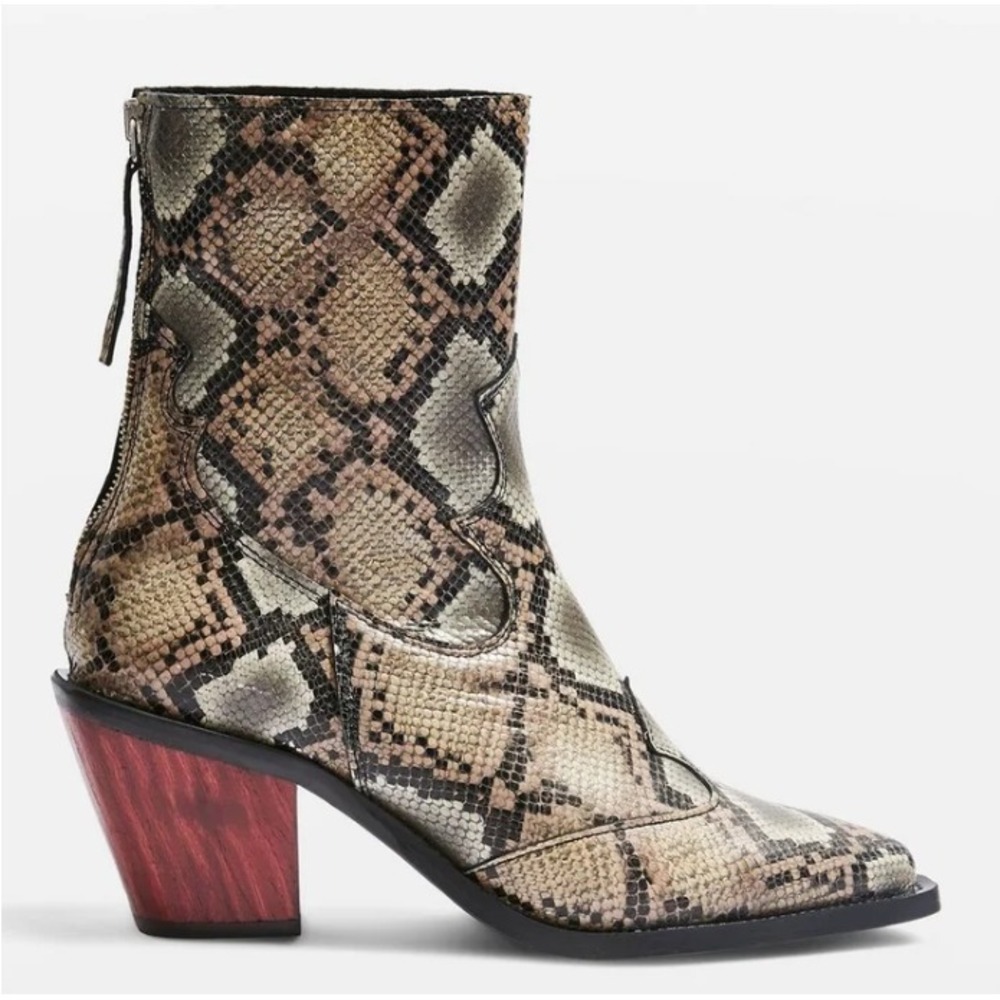 EUC Topshop Womens 7.5 Snake Print Leather Cowboy Boots Red Heel Portugal